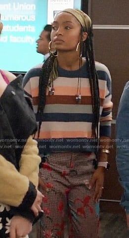 Zoey’s striped sweater and floral pants on Grown-ish