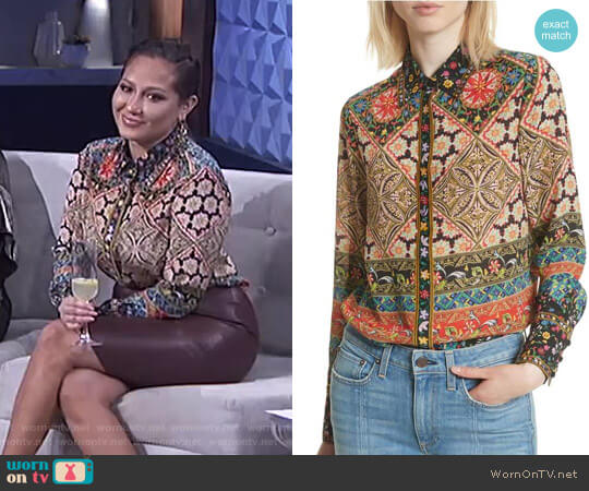 Alice + Olivia Patchwork Print Silk Shirt worn by Adrienne Houghton on The Real