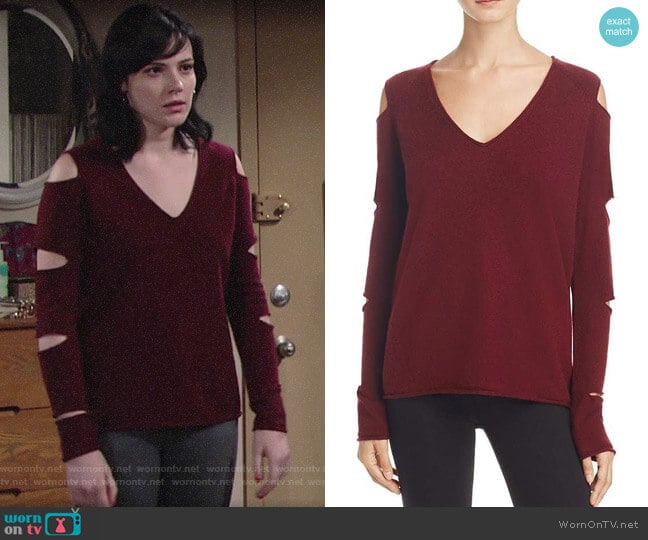 Aqua Cashmere V-Neck Slash-Arm Sweater in Heather Burgundy worn by Tessa Porter (Cait Fairbanks) on The Young and the Restless