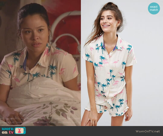 ASOS Chelsea Peers Palm Tree Tie Front Pajama Set worn by Mariana Foster (Cierra Ramirez) on The Fosters