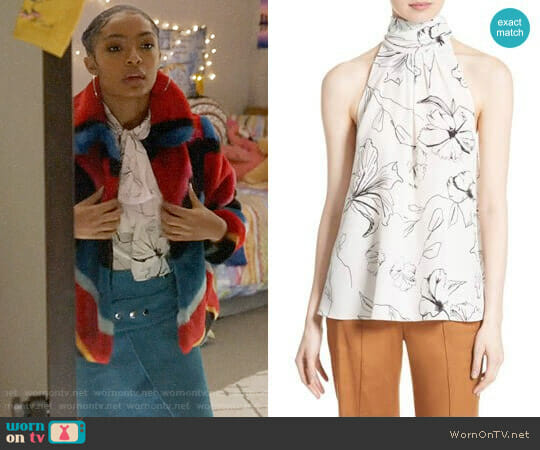 Diane von Furstenberg Print Silk High Neck Blouse worn by Zoey Johnson (Yara Shahidi) on Grown-ish