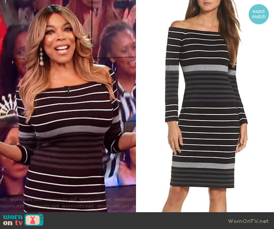 Eliza J Off the Shoulder Stripe Sheath Dress worn by Wendy Williams on The Wendy Williams Show