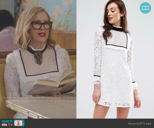 Fashion Union Bib Front Dress With Contrast Trim worn by Moira Rose (Catherine O'Hara) on Schitts Creek
