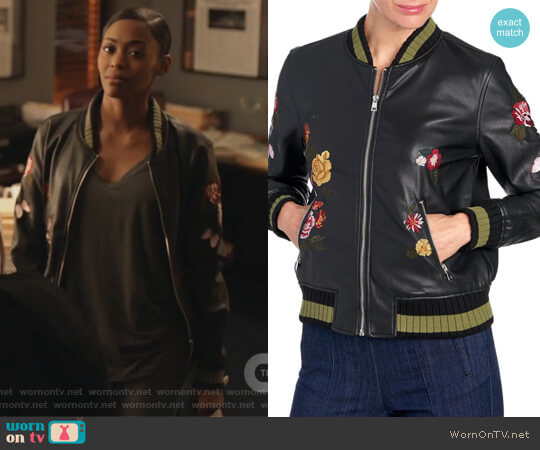 For The Republic Embroidered Faux Leather Bomber Jacket worn by Anissa Pierce (Nafessa Williams) on Black Lightning