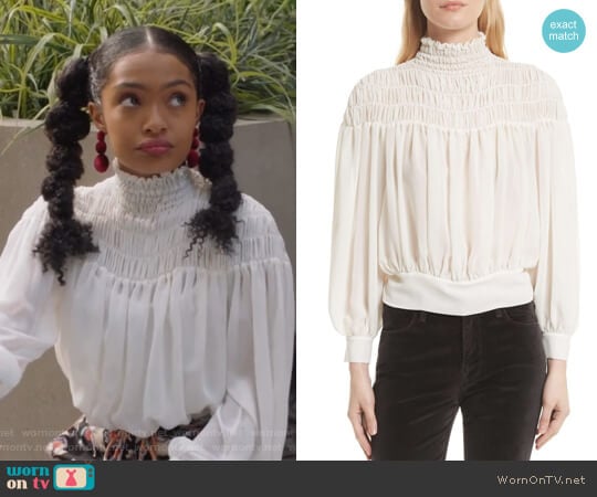 Frame Smocked Tie Back Blouse worn by Zoey Johnson (Yara Shahidi) on Grown-ish