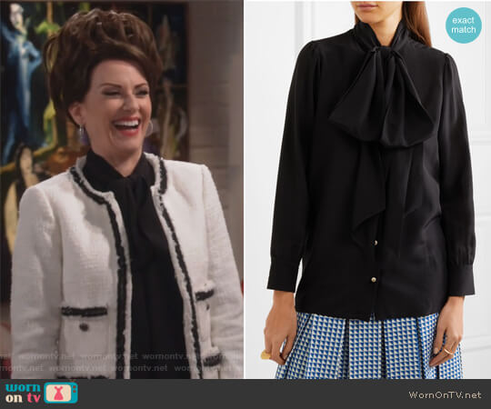 Gucci Pussy-bow printed silk blouse worn by Karen Walker (Megan Mullally) on Will and Grace