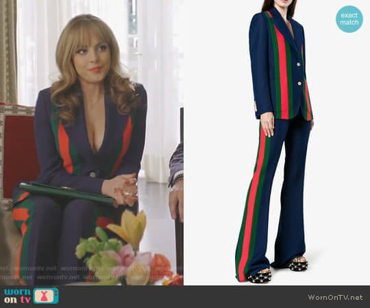 Gucci Striped Wool and Silk-Blend Blazer worn by Fallon Carrington (Elizabeth Gillies) on Dynasty