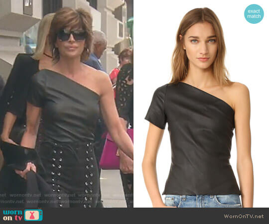 Helmut Lang Asymmetrical One Shoulder Leather Top worn by Lisa Rinna on The Real Housewives of Beverly Hills