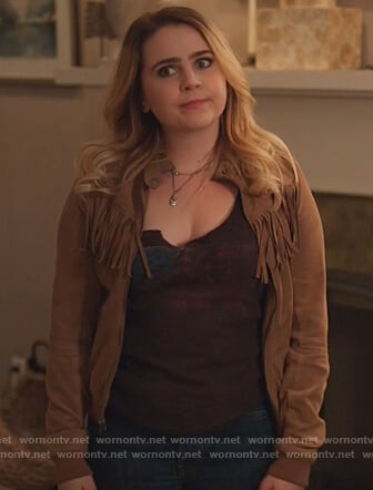 Annie’s brown fringe bomber jacket on Good Girls