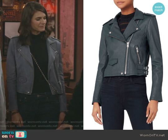 IRO Ashville Blue Cropped Leather Jacket worn by Leslie Curry (Lindsey Kraft) on Living Biblically