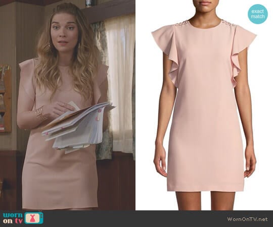 Laundry by Shelli Segal Ruffle Cap-Sleeve Sheath Dress worn by Alexis Rose (Annie Murphy) on Schitts Creek