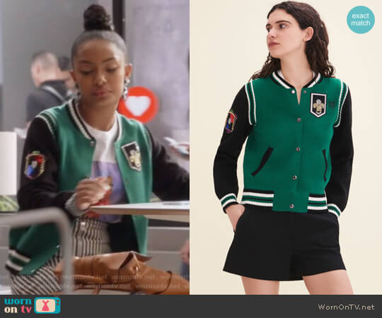 Maje Two-Tone Knit Bomber worn by Zoey Johnson (Yara Shahidi) on Grown-ish