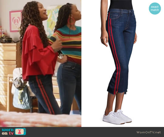 Mother Insider Striped Raw-Edge Step Hem Jeans worn by Skylar Forster (Halle Bailey) on Grown-ish