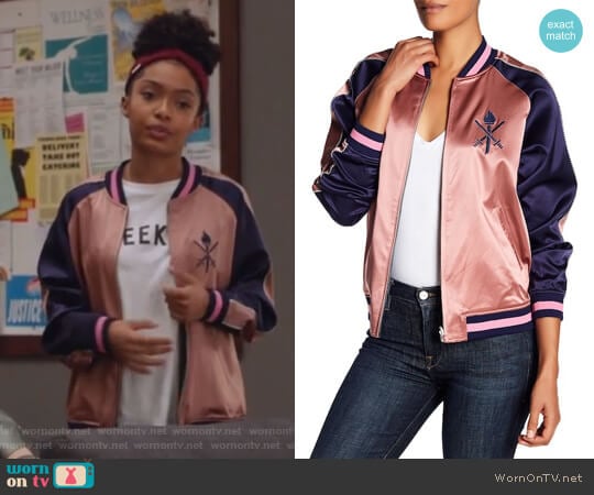 Opening Ceremony Reversible Silk Graphic Bomber Jacket worn by Zoey Johnson (Yara Shahidi) on Grown-ish