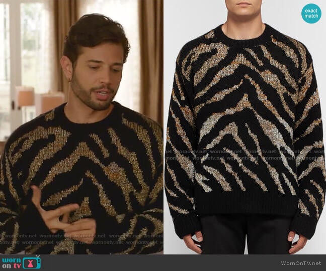Dries Van Noten Oversized Intarsia-Knit Sweater worn by Sam Flores (Rafael de la Fuente) on Dynasty