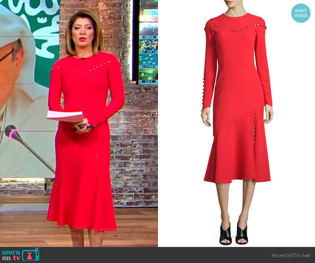 Prabal Gurung Button-Trim Long-Sleeve Midi Dress worn by Norah O'Donnell on CBS Mornings