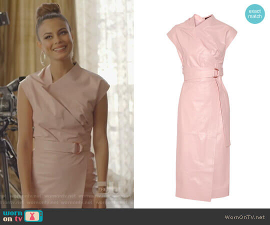 Proenza Schouler Draped Leather Wrap Midi Dress worn by Cristal Flores (Nathalie Kelley) on Dynasty