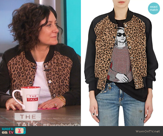 R13 Leopard-Print Cotton-Blend Bomber Jacket worn by Sara Gilbert on The Talk
