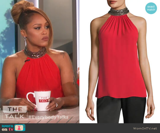 Ramy Brook Veronica Beaded Mock-Neck Silk Halter Top worn by Eve on The Talk