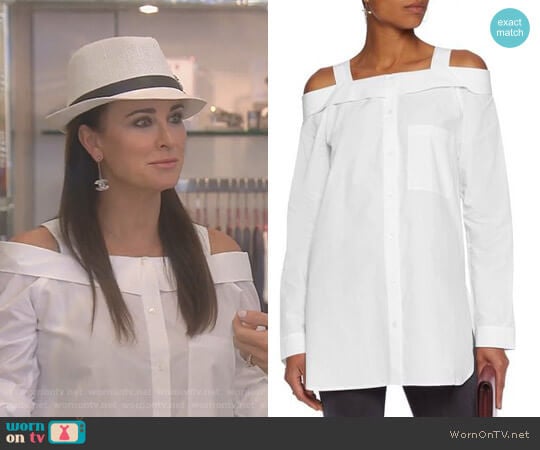Robert Rodriguez Cold-Shoulder Cotton-Poplin Shirt worn by Kyle Richards on The Real Housewives of Beverly Hills