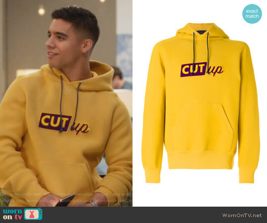 Sacai Cut-up slogan hoodie worn by Vivek Shah (Jordan Buhat) on Grown-ish