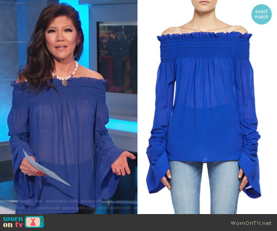 Saint Laurent Silk Georgette Off-the-Shoulder Top worn by Julie Chen (Julie Chen) on Celebrity Big Brother