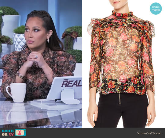 Sandro Amina Floral-Print Metallic-Stripe Top worn by Adrienne Houghton on The Real