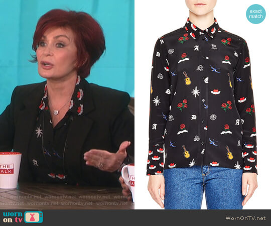 Sandro Mellie Tattoo-Print Silk Shirt worn by Sharon Osbourne on The Talk