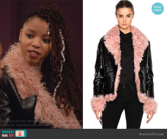 Sandy Liang Bowery Coat with Lamb Fur worn by Jazlyn Forster (Chloe Bailey) on Grown-ish