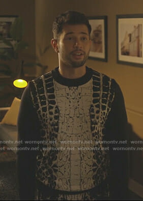 Sam’s black crocodile print sweatshirt and pants on Dynasty