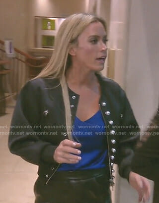 Teddi’s black bomber jacket with pearls on The Real Housewives of Beverly Hills