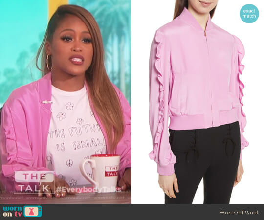 Tibi Ruffled Silk Bomber Jacket worn by Eve on The Talk