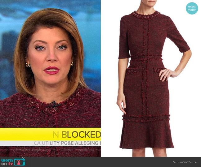 Teri Jon by Rickie Freeman Tweed Sheath Dress worn by Norah O'Donnell on CBS Mornings
