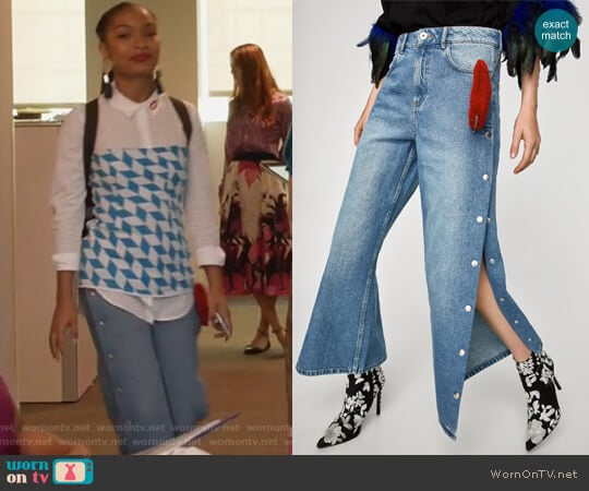 Zara High Waist Culottes with Heart Applique worn by Zoey Johnson (Yara Shahidi) on Grown-ish