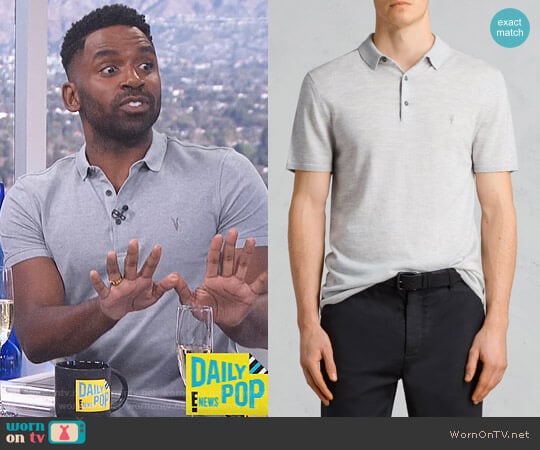 All Saints Mode Merino SS Polo in Light Grey Marl worn by Justin Sylvester on E! News