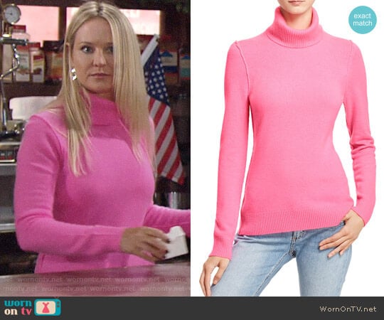 Aqua Turtleneck Cashmere Sweater in Ultra Pink worn by Sharon Newman (Sharon Case) on The Young and the Restless