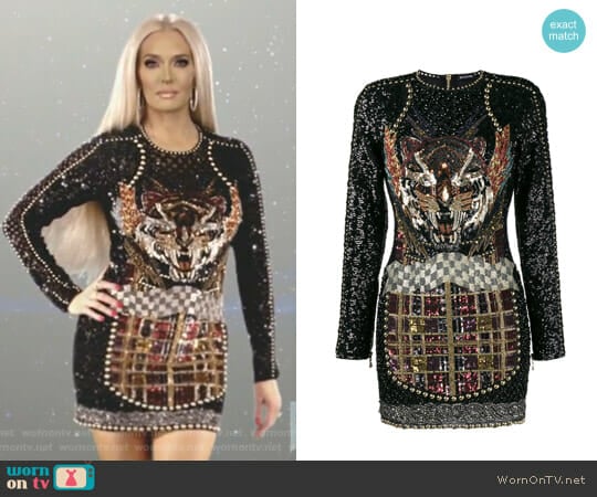 Balmain Beaded Tiger Mini Dress worn by Erika Jayne on The Real Housewives of Beverly Hills