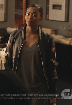 Anissa’s black embroidered bomber jacket on Black Lightning