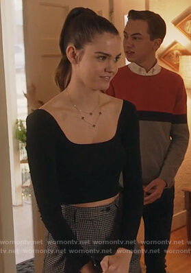 Callie’s black square neck top and check pants on The Fosters