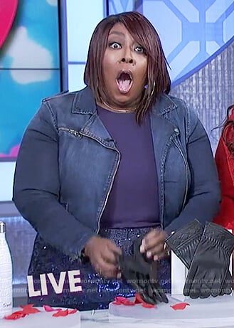 Loni’s denim jacket and sequin skirt on The Real