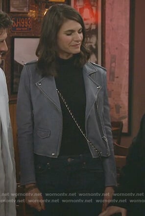 Leslie’s blue moto jacket on Living Biblically