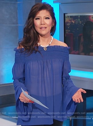Julie’s blue smocked off shoulder top on Celebrity Big Brother