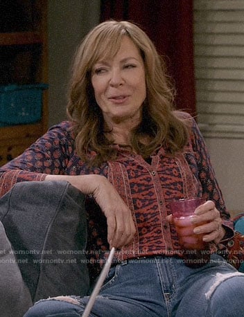 Bonnie’s navy and red printed top on Mom