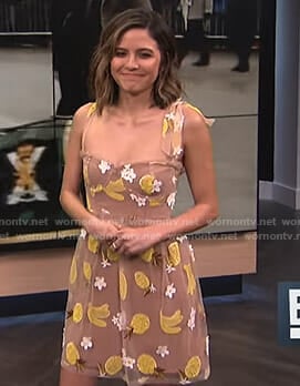 Erin’s beige embellished banana and pineapple dress on E! News