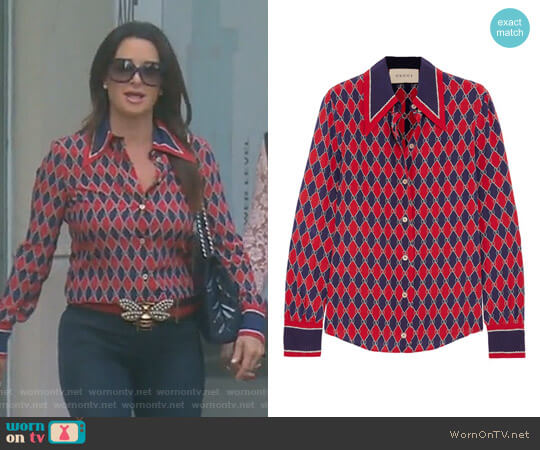 Gucci Gucci Rhombus Print Silk Shirt worn by Kyle Richards on The Real Housewives of Beverly Hills