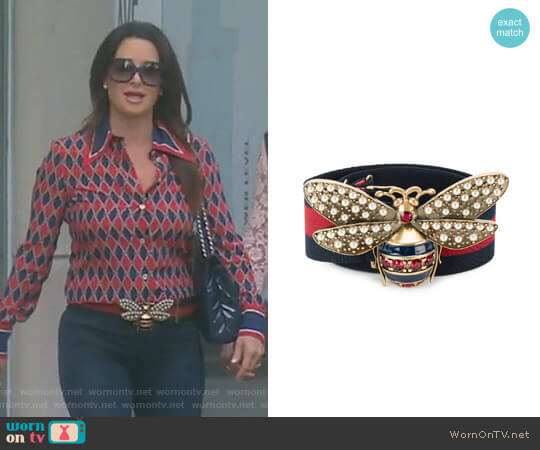 Gucci Bee Embellished Web Belt worn by Kyle Richards on The Real Housewives of Beverly Hills