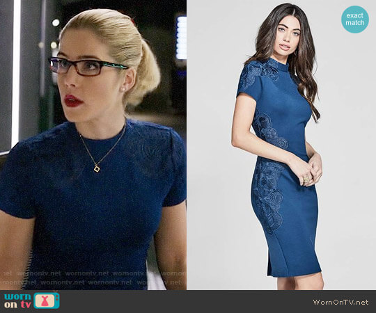 Guess Hamor Lace Dress in Poseidon worn by Felicity Smoak (Emily Bett Rickards) on Arrow