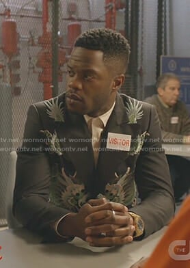 Jeff’s embroidered dragon blazer on Dynasty
