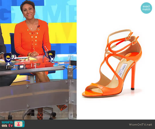 Jimmy Choo Lang Patent Strappy Sandal worn by Robin Roberts on Good Morning America