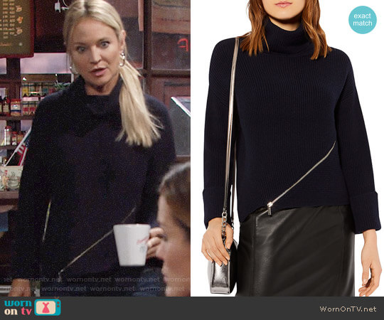 Karen Millen Zip-Detail Turtleneck Sweater in Navy worn by Sharon Newman (Sharon Case) on The Young and the Restless